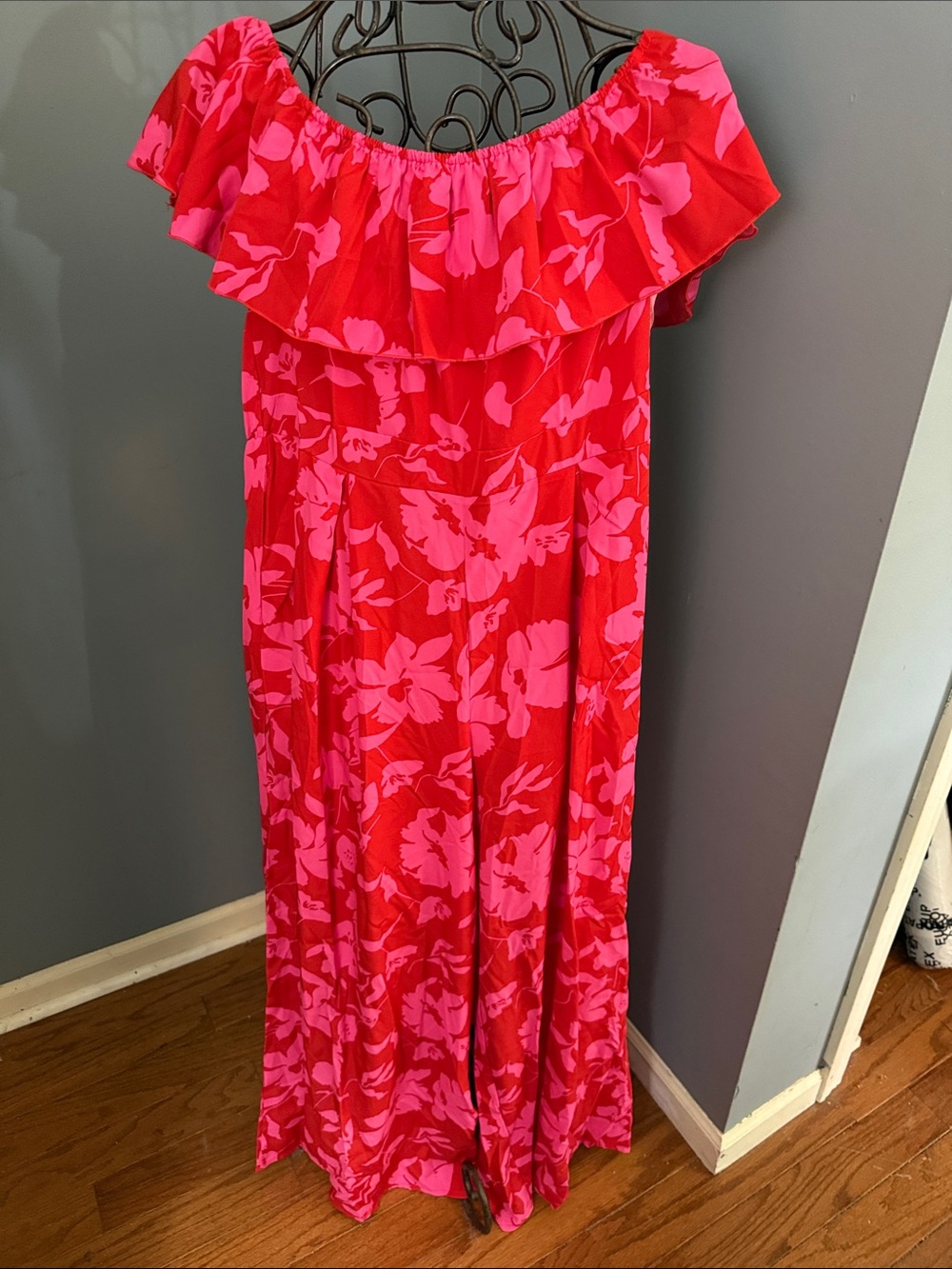 SHEIN Bright Red and Hot Pink Floral Ruffle Off-Shoulder Maxi Jump Suit